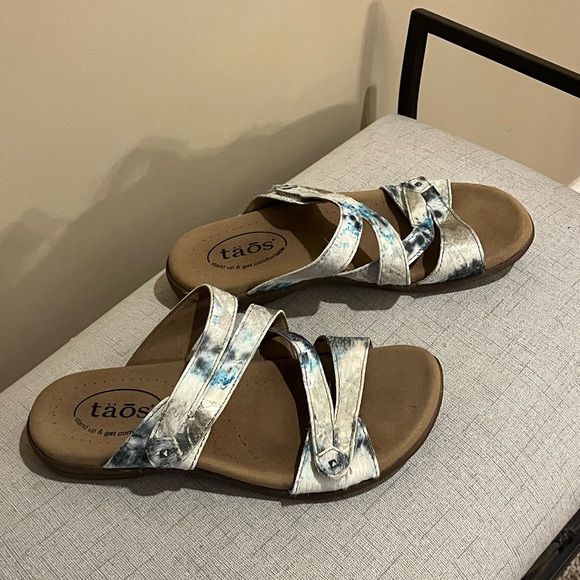 Taos Double U Leather Slide Sandals White/teal/blush, size 6 - Picture 4 of 5